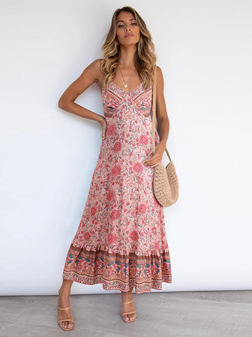 Boho Chic Floral Print Sleeveless Dress with Suspender Straps