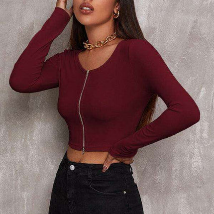 Chic Women's Zip-Up Long Sleeve Blouse with Rounded Neckline
