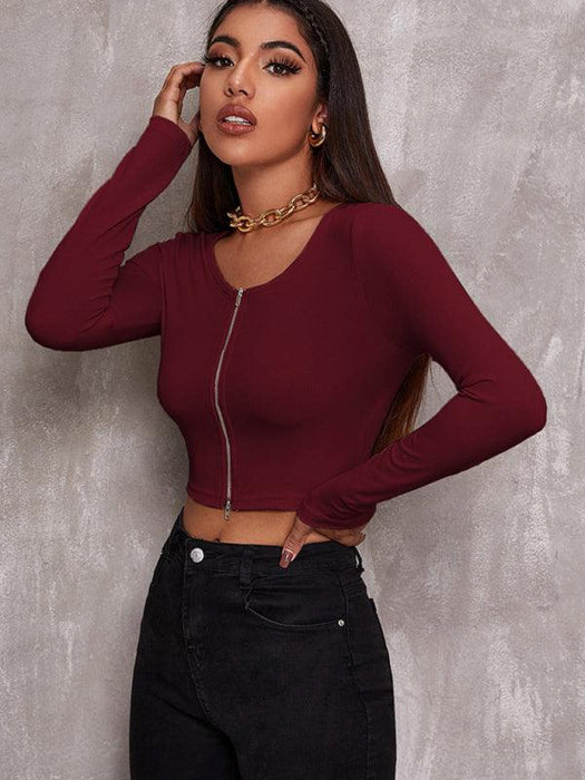 Zip-Front Long Sleeve Blouse for Women with Rounded Neckline
