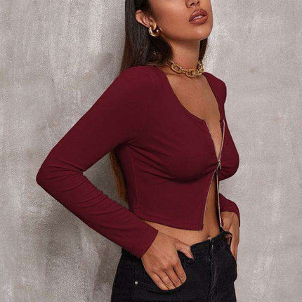 Chic Women's Zip-Up Long Sleeve Blouse with Rounded Neckline