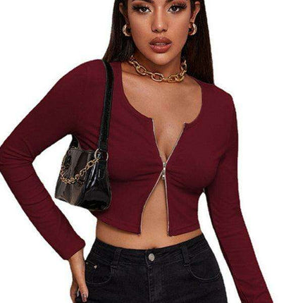 Chic Women's Zip-Up Long Sleeve Blouse with Rounded Neckline