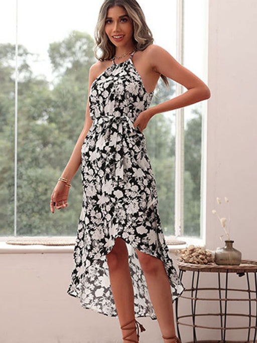 Halter Neck Printed White Dress with European and American Flair