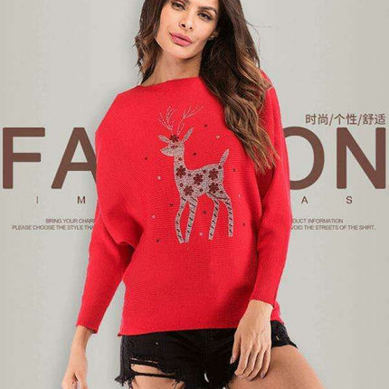 Festive Reindeer Batwing Sweater - Women's Winter Elegance