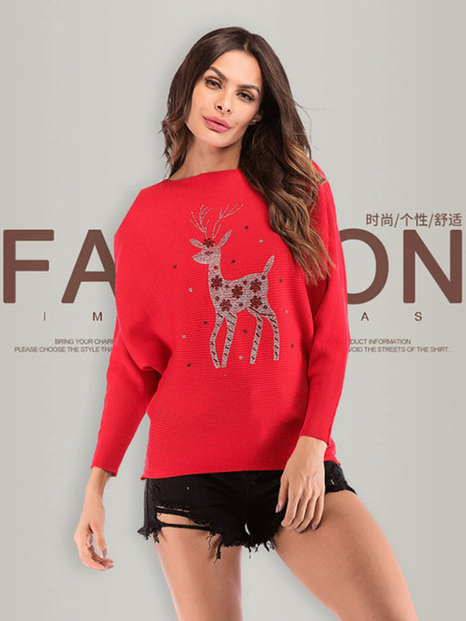 Festive Reindeer Batwing Sweater with Long Sleeves for Women
