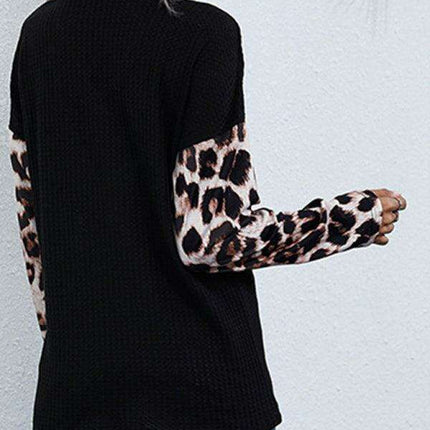 Leopard Print Cozy Black Knit Pullover Sweater for Women