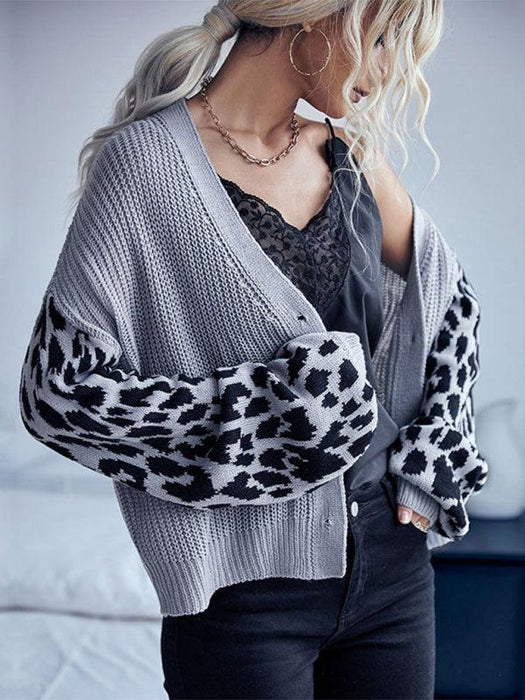 Leopard Print Knit Cardigan with Dropped Shoulder Sleeves