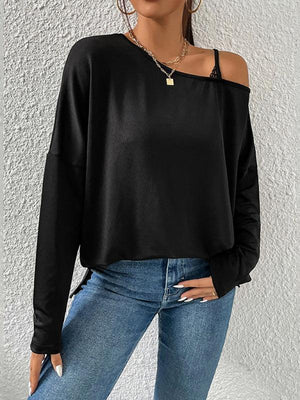 Woman'S Autumn New Solid Color Slanted Shoulder Suspender Top Casual Loose Long-Sleeved T-Shirt-kakaclo-Black-S-Très Elite