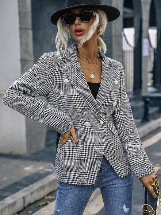 Plaid Patterned Women's Double-Breasted Blazer with Long Sleeves