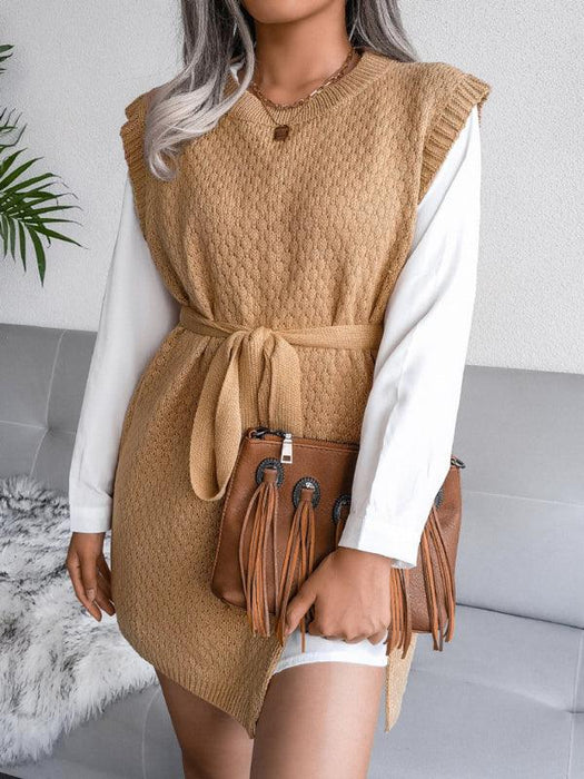 Elegant Women's Knit Dress Set with Belted Vest for Autumn-Winter