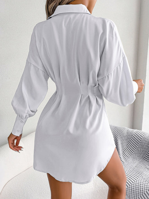 Stylish Women's Lantern Sleeve Dress Shirt Skirt Set with Asymmetric Waist