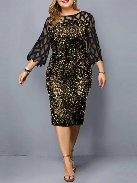 Chic Plus Size Sequin Embellished Dress with Ruffle Sleeves