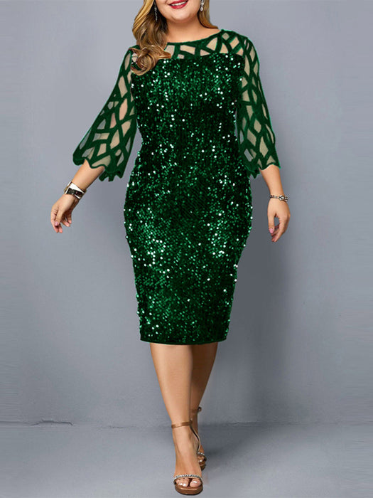 Chic Plus Size Sequin Embellished Dress with Ruffle Sleeves