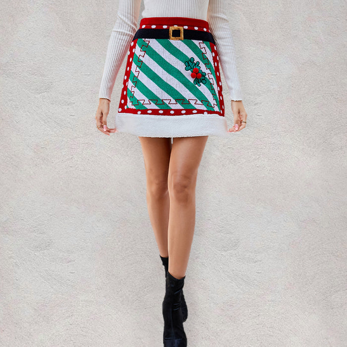 Festive Christmas Patchwork Knit Mini Dress with Turtleneck - Women's Holiday A-Line Option