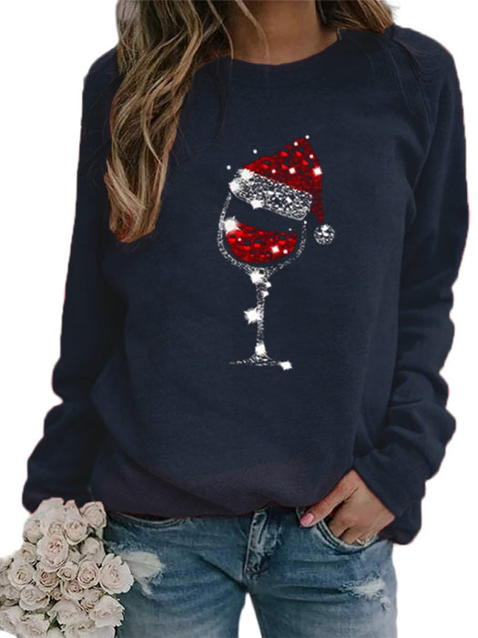 Christmas Hat and Wine Glass Pattern Crew Neck Long Sleeve Top