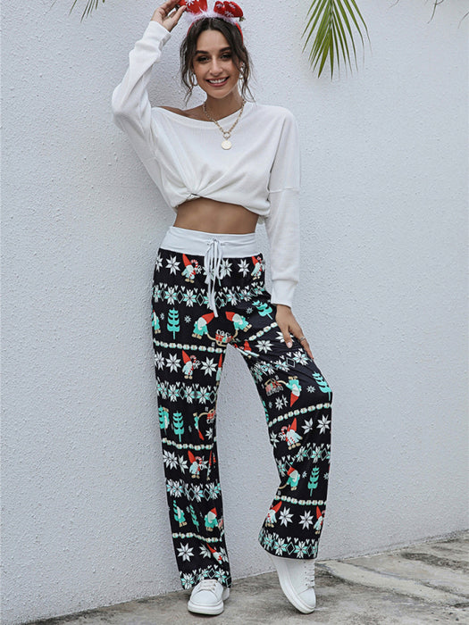 Festive Lace-Up Christmas Print Women's Trousers - Holiday Cheer Lace-Up Pants for Women