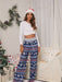 Festive Lace-Up Christmas Print Women's Trousers - Holiday Cheer Lace-Up Pants for Women