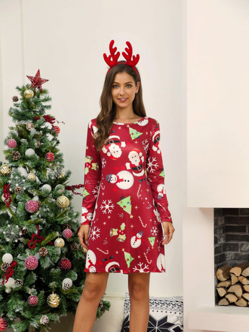 Festive Christmas Print Women's Long Sleeve Dress with a Cheerful Holiday Vibe