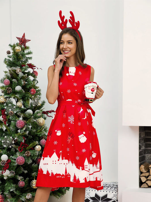 Festive Holiday Swing Dress - Women's Sleeveless Christmas Print Dress