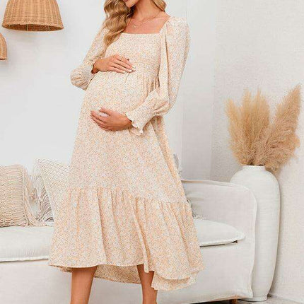 Elegant Long-Sleeved Chiffon Maxi Dress with Charming Floral Pattern for Women