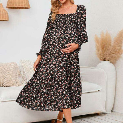 Elegant Long-Sleeved Chiffon Maxi Dress with Charming Floral Pattern for Women