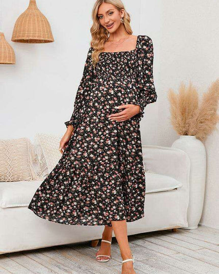 Elegant Long-Sleeved Chiffon Maxi Dress with Charming Floral Pattern for Women