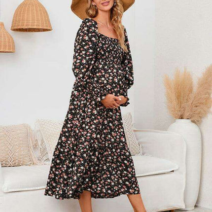Elegant Long-Sleeved Chiffon Maxi Dress with Charming Floral Pattern for Women