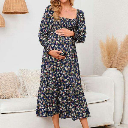 Elegant Long-Sleeved Chiffon Maxi Dress with Charming Floral Pattern for Women
