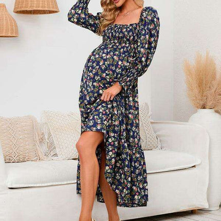 Elegant Long-Sleeved Chiffon Maxi Dress with Charming Floral Pattern for Women