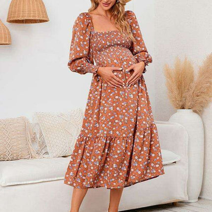 Elegant Long-Sleeved Chiffon Maxi Dress with Charming Floral Pattern for Women