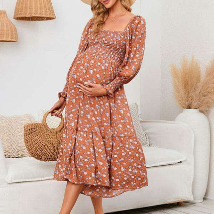 Elegant Long-Sleeved Chiffon Maxi Dress with Charming Floral Pattern for Women