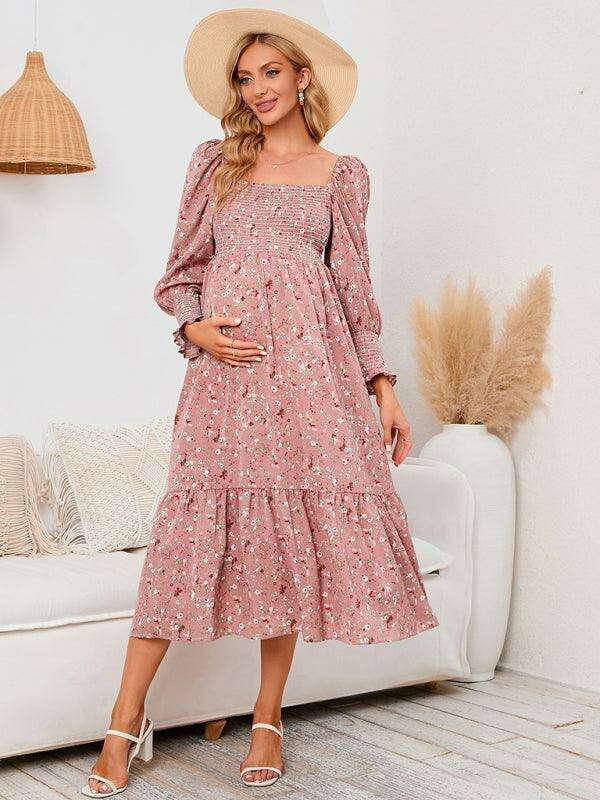 Elegant Long-Sleeved Chiffon Maxi Dress with Charming Floral Pattern for Women