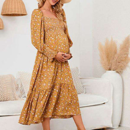 Elegant Long-Sleeved Chiffon Maxi Dress with Charming Floral Pattern for Women