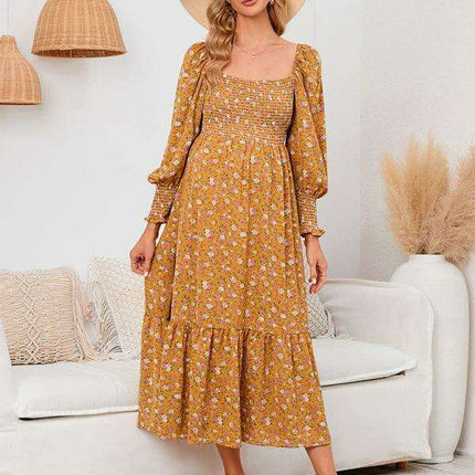 Elegant Long-Sleeved Chiffon Maxi Dress with Charming Floral Pattern for Women