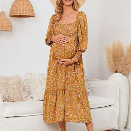 Elegant Long-Sleeved Chiffon Maxi Dress with Charming Floral Pattern for Women