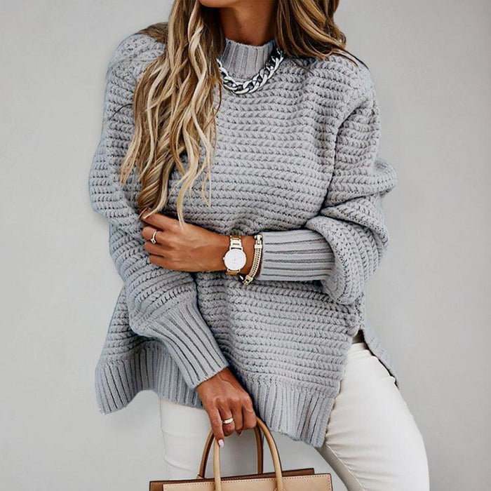 Stylish Women's CozyChic Turtleneck Knit Sweater with Dropped Sleeves and Side Slit