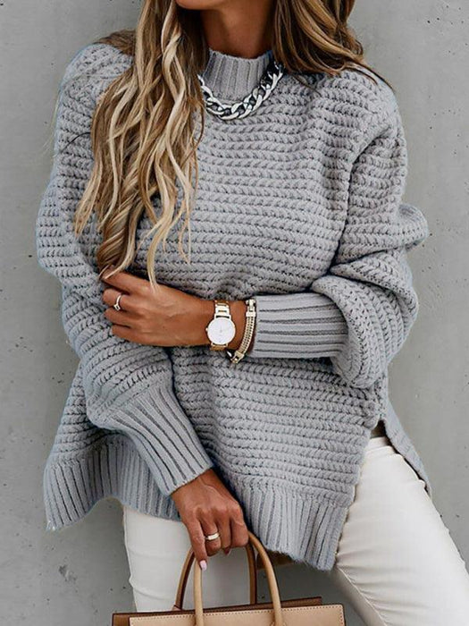 Stylish Women's CozyChic Turtleneck Knit Sweater with Dropped Sleeves and Side Slit