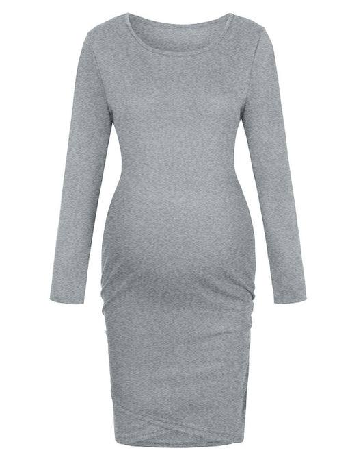 Chic Crew Neck Maternity Dress with Ruched Sides