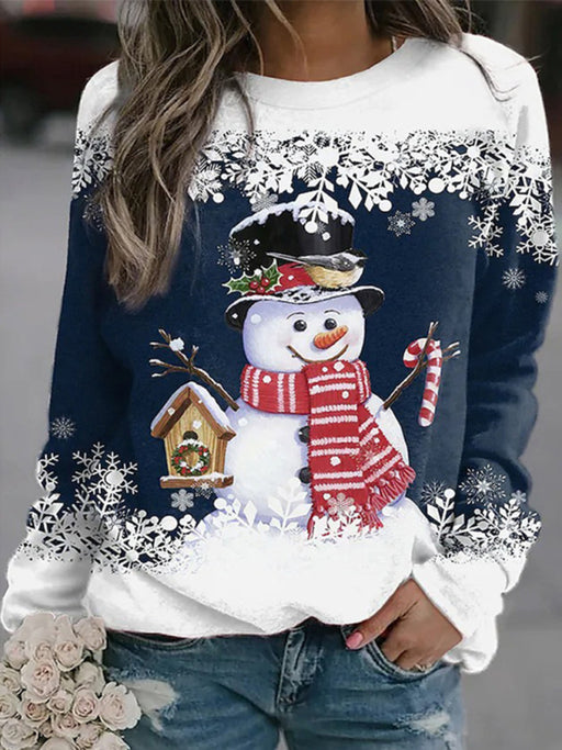 Snowman Print Christmas Women's Loose Fit Long Sleeve T-Shirt Dress