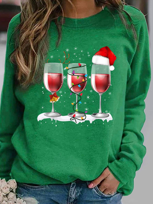 Holiday Cheer Red Wine Cup Print Sweater Dress with Raglan Sleeves for Women