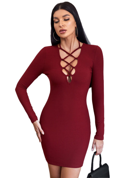 Sultry Lace-Up Sweater Dress with Long Sleeves and Unique Strap Detail