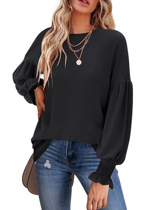 Sheer Crew Neck Ruched Balloon Sleeve Women's Long Sleeve Top