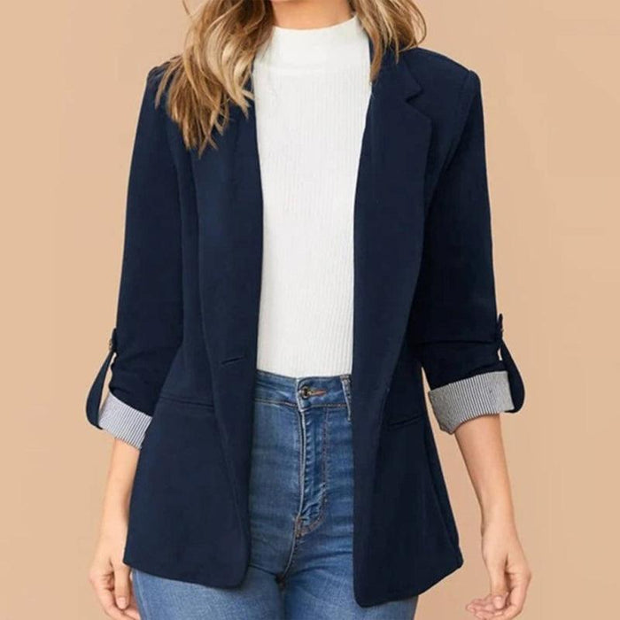 Women’s Solid Color With Roll Up Strip Print Sleeve Open Front Blazer-kakaclo-Navy Blue-S-Très Elite
