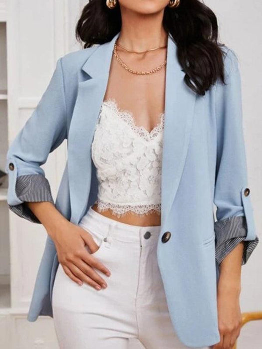 Women’s Solid Color With Roll Up Strip Print Sleeve Open Front Blazer-kakaclo-Mist blue-S-Très Elite