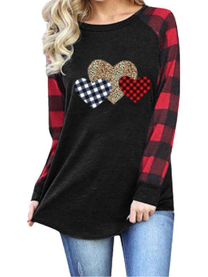 Plaid Leopard Stitching Heart Print Round Neck Long Sleeve T-Shirt-kakaclo-Black-S-Très Elite