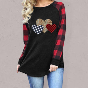 Plaid Leopard Stitching Heart Print Round Neck Long Sleeve T-Shirt-kakaclo-Black-S-Très Elite
