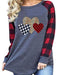 Heart Print Checkered Leopard Patch Round Neck Long Sleeve Blouse
