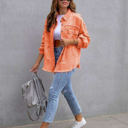 Edgy Elegance: Distressed Raw-Edge Denim Jacket for Effortless Style
