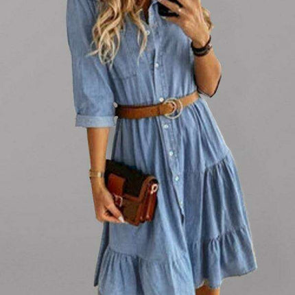 Chic Lapel Denim Midi Dress with Button-Up Front