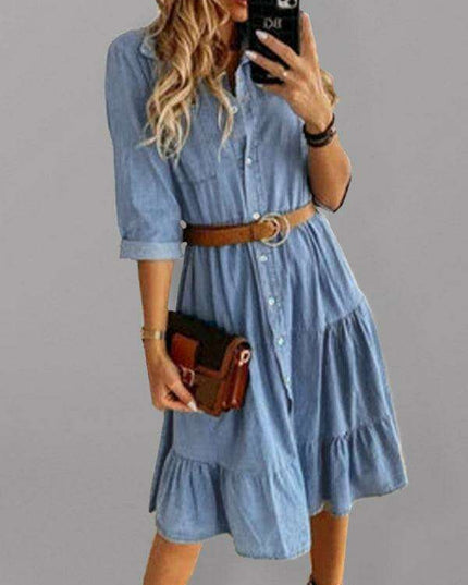 Chic Lapel Denim Midi Dress with Button-Up Front