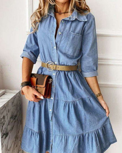 Chic Lapel Denim Midi Dress with Button-Up Front